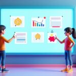 Ilustración en 3D que representa a adolescentes aprendiendo sobre dinero en un entorno educativo moderno