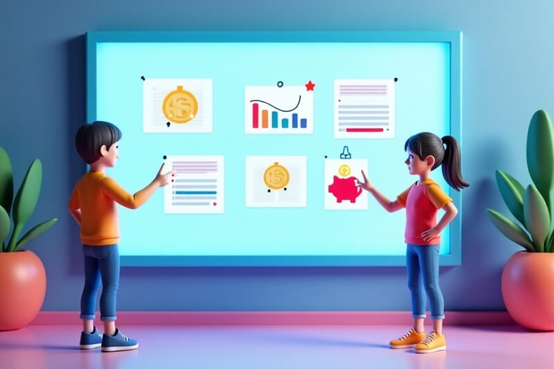 Ilustración en 3D que representa a adolescentes aprendiendo sobre dinero en un entorno educativo moderno