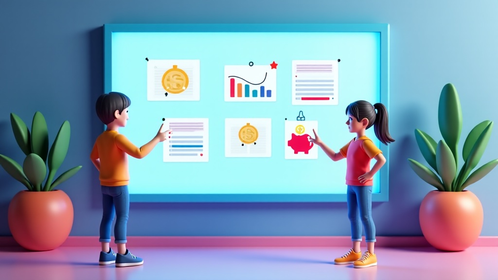 Ilustración en 3D que representa a adolescentes aprendiendo sobre dinero en un entorno educativo moderno