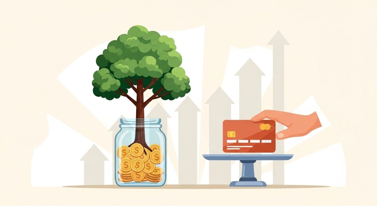 Ilustración conceptual que representa el crecimiento financiero sin uso de deuda, con elementos visuales de ahorro, autonomía y equilibrio