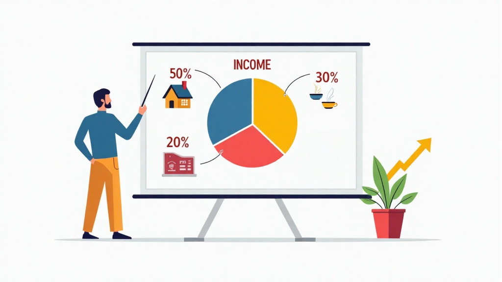 Ilustración que representa el equilibrio financiero según la regla 50-30-20, con elementos visuales de presupuesto y organización de ingresos