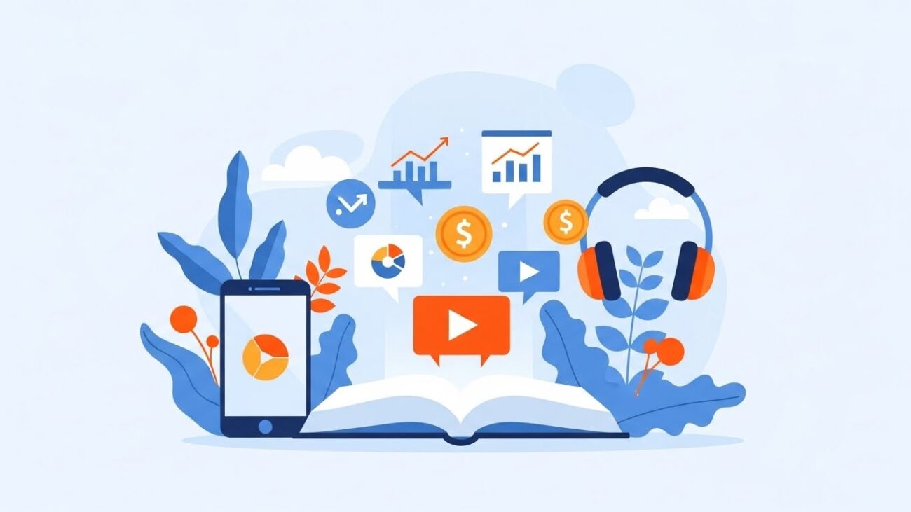 Ilustración de libros, una tablet y audífonos flotando, representando educación financiera multimedia