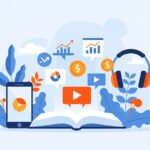 Ilustración de libros, una tablet y audífonos flotando, representando educación financiera multimedia