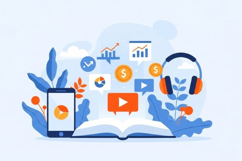 Ilustración de libros, una tablet y audífonos flotando, representando educación financiera multimedia