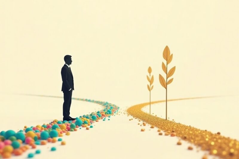 Ilustración de una persona frente a dos caminos formados por monedas, eligiendo una decisión financiera