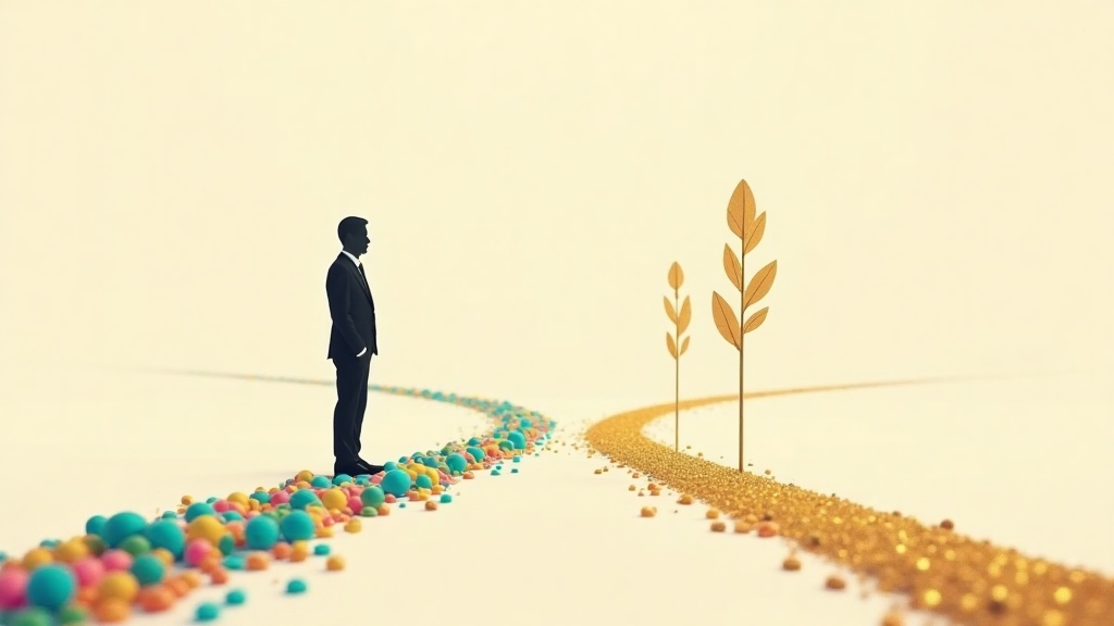 Ilustración de una persona frente a dos caminos formados por monedas, eligiendo una decisión financiera