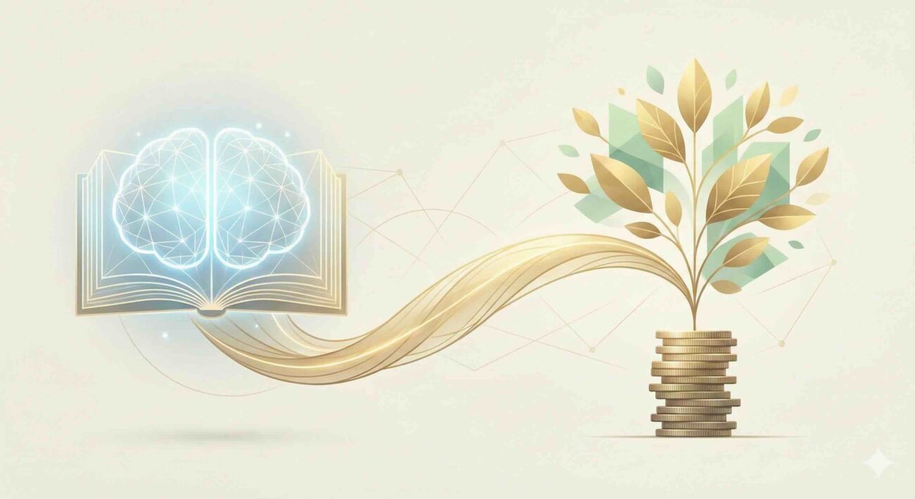 Ilustración conceptual que muestra un cerebro brillante dentro de un libro abierto, conectado por un camino dorado a un árbol que crece de una pila de monedas, representando la plenitud financiera a través de la educación.