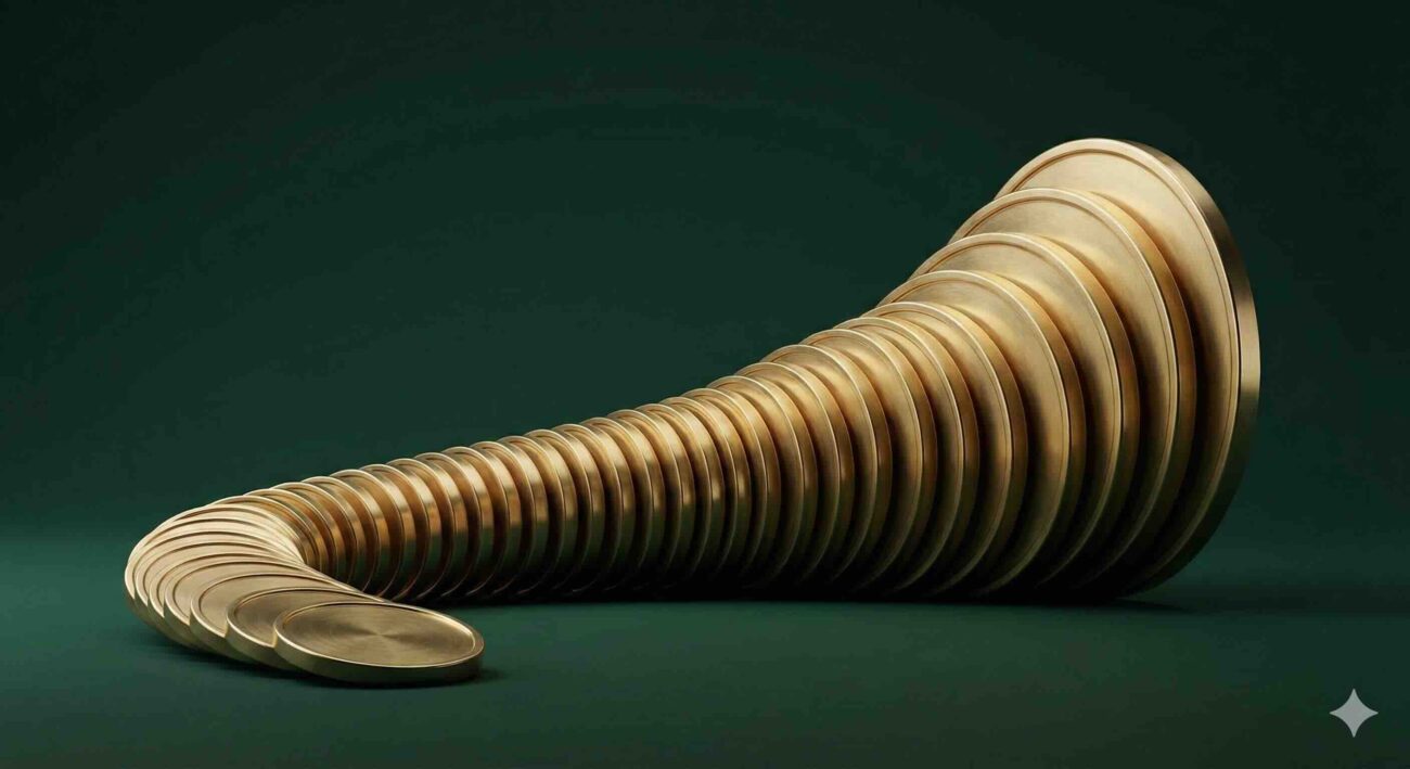 Fotografía conceptual del interés compuesto y el crecimiento exponencial, mostrando una espiral dorada de monedas.