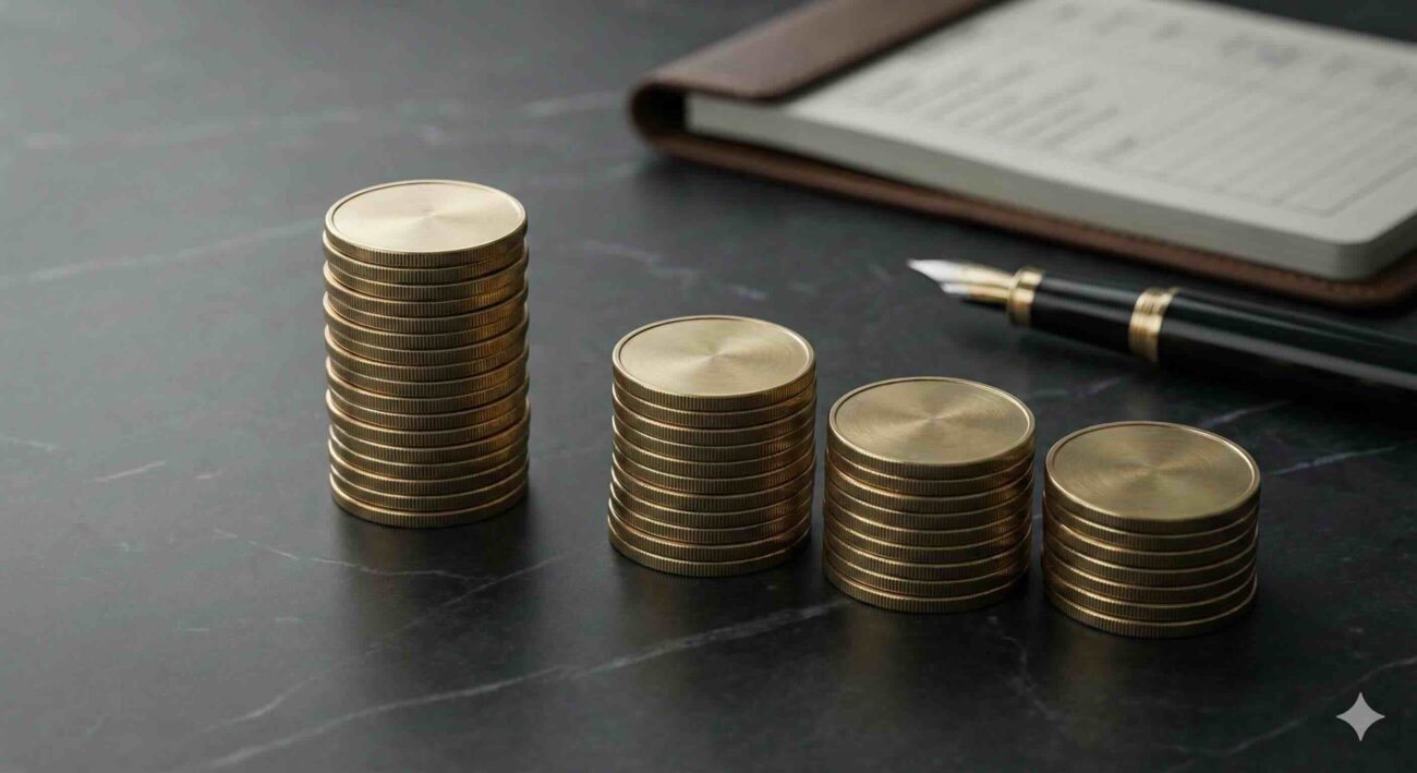 Fotografía conceptual de la regla 50-30-20 para administrar dinero, mostrando tres torres de monedas de diferentes tamaños.