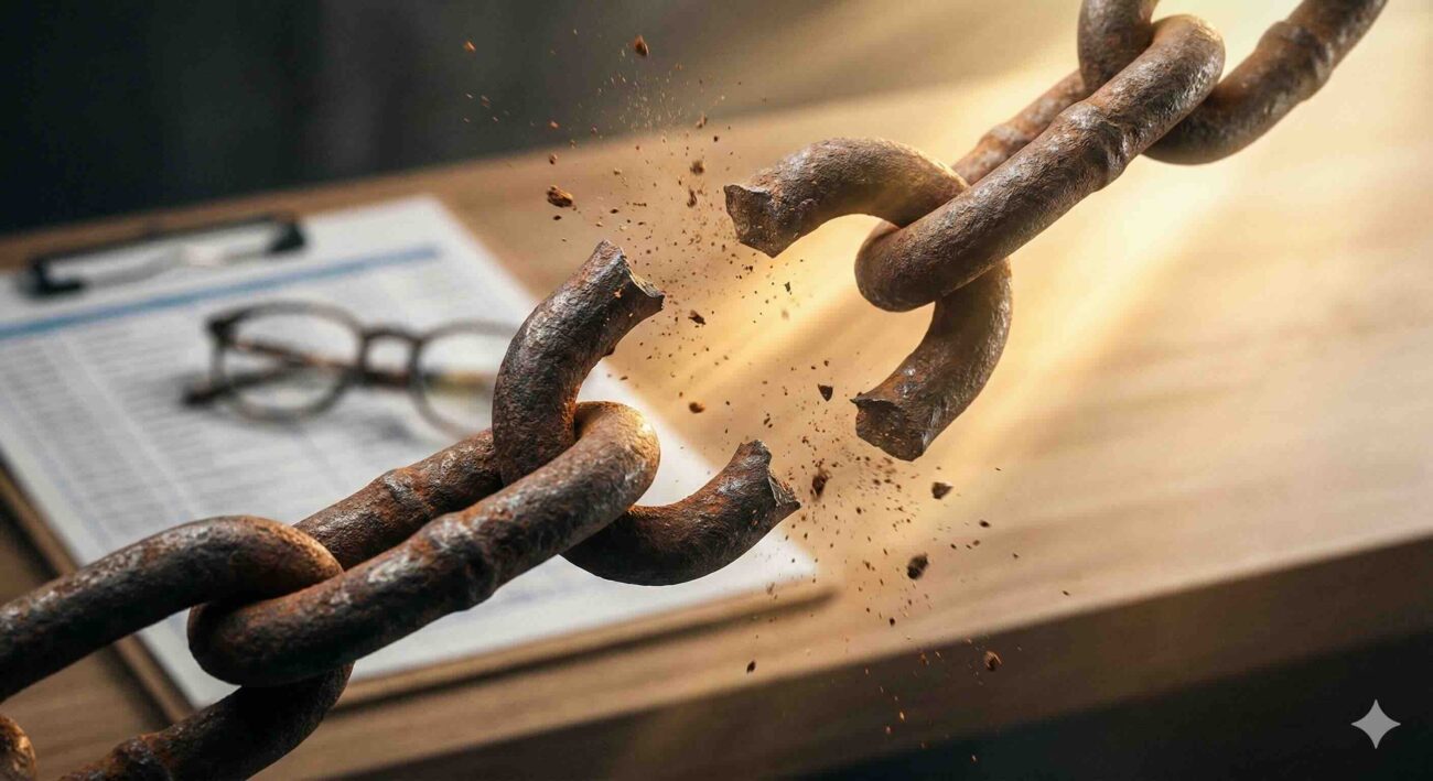 Fotografía conceptual de una cadena de metal oxidado rompiéndose, simbolizando la liberación de mitos financieros.