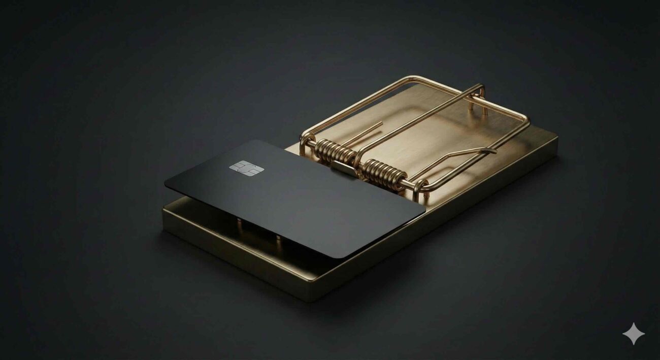 Fotografía conceptual de una tarjeta de crédito atrapada en una elegante trampa para ratones, simbolizando el peligro de los créditos al consumo.