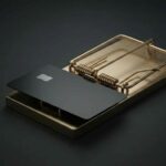 Fotografía conceptual de una tarjeta de crédito atrapada en una elegante trampa para ratones, simbolizando el peligro de los créditos al consumo.