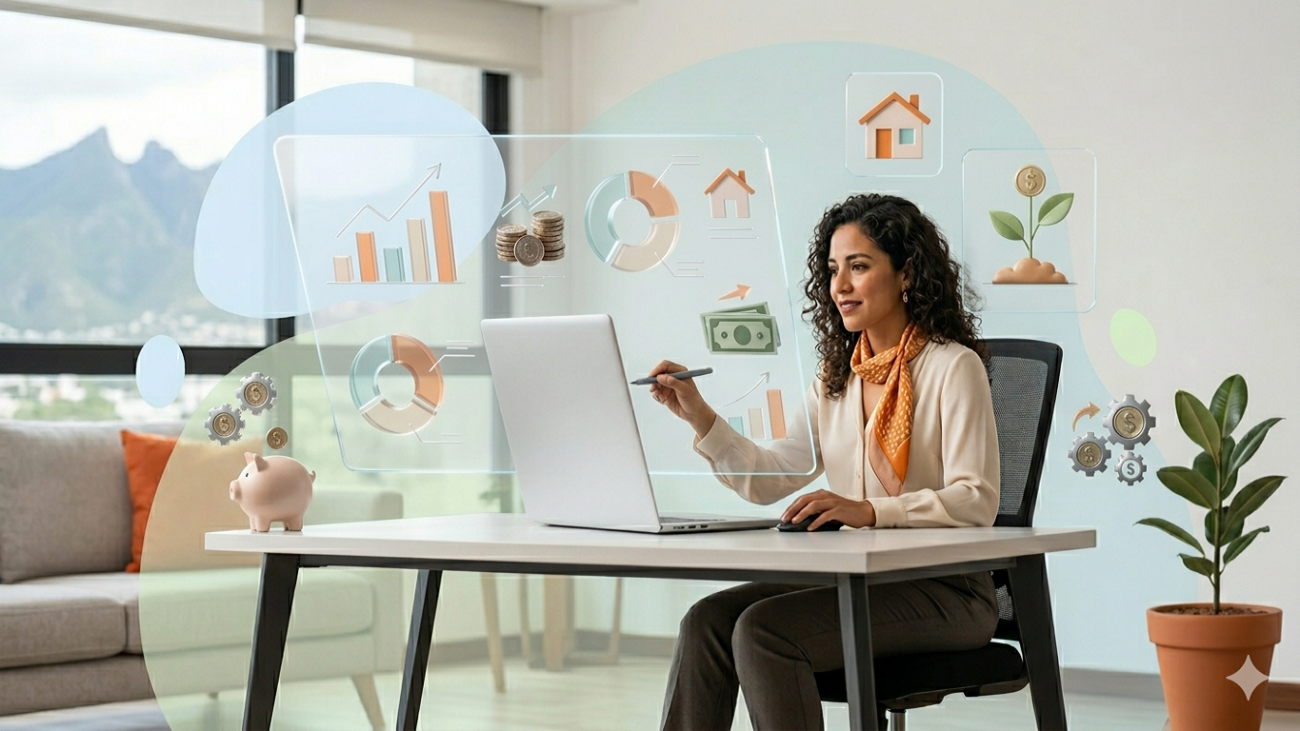 mujer en una oficina organizando sus finanzas personales sentada en un escritorio frente a su laptop