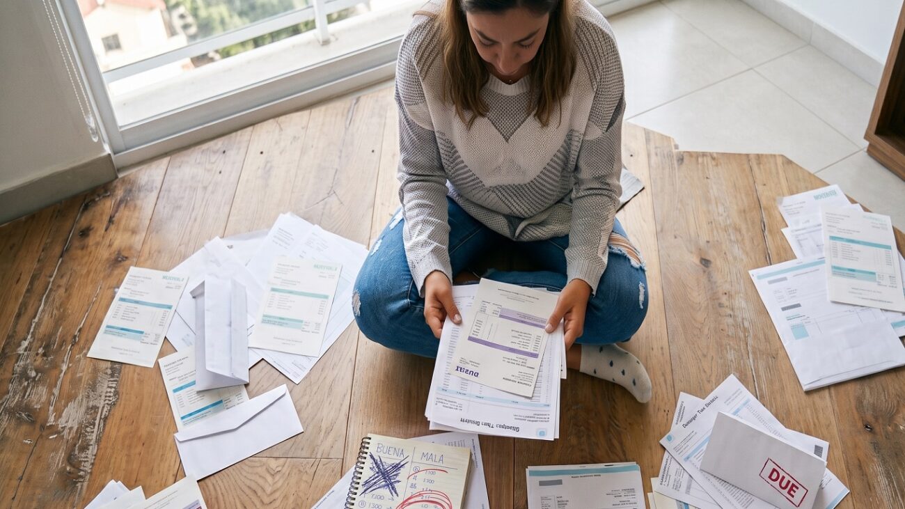 Una mujer sentada en el suelo de madera de un apartamento, revisando facturas y un cuaderno que clasifica la deuda buena vs deuda mala
