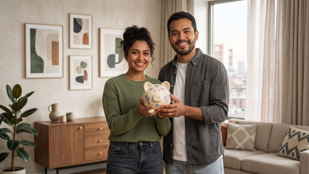 Pareja sonriente sosteniendo una alcancía en un salón, perfecta para hablar de dinero en pareja.